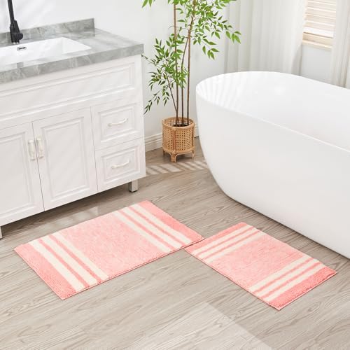 CozeCube Blossom Pink Striped 24"x16" Non Slip Washable Bath Mat