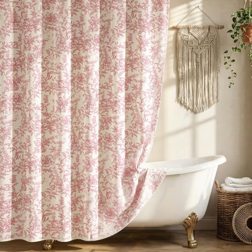 Farmhouse Pink Floral Shower Curtain with 12 Clear Rings 72"W x 72"L
