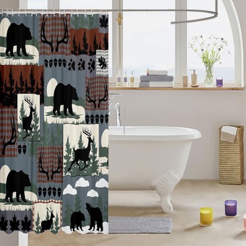 Feelyou Rustic Plaid Shower Curtain for Bathroom Decor Lodge Cabin Bear Bath Curtain Country Elk Moose Bathroom Accessories Woodland Green Waterproof Polyester Fabric for Stalls Bathtubs 72"x78"