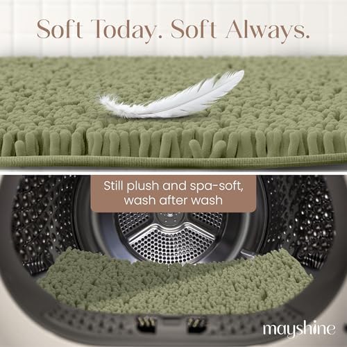 MAYSHINE Small Plush Shaggy Chenille Bath Mat 24"x17" Extra Soft, Super Absorbent, Non-Slip Bathroom Rug | Fluffy Microfiber, Area Rug Sets for Bathroom Floor, Kitchen, Living Room | Sage Green