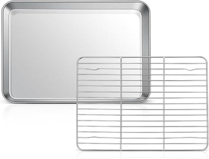 10.4 Inch Baking Sheet Pan with Rack Set, Joyfair Stainless Steel Toaster Oven Pans Tray & Cooling Racks for Cookie/Jelly Roll/Bacon/Meat, Commercial Metal & Rust-free, Dishwasher Safe