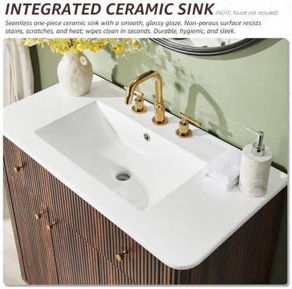 T4TREAM 30" Fluted Bathroom Vanity with Single Sink, Dark Walnut