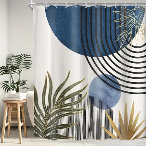 Mid Century Blue Green Boho Abstract Modern Bathroom Shower Curtain Set