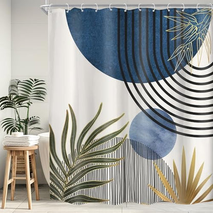 Mid Century Blue Green Boho Abstract Modern Bathroom Shower Curtain Set