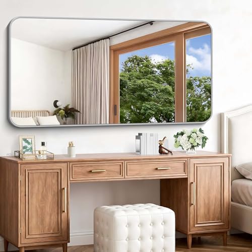 Silver Bathroom Mirror, 72 x 36 Inch Large Rectangle Mirror, Rectangular Vanity Mirror Aluminum Metal Frame, Rounded Corner Wall Mirror for Living Room Bedroom Entryway Horizontal/Vertical