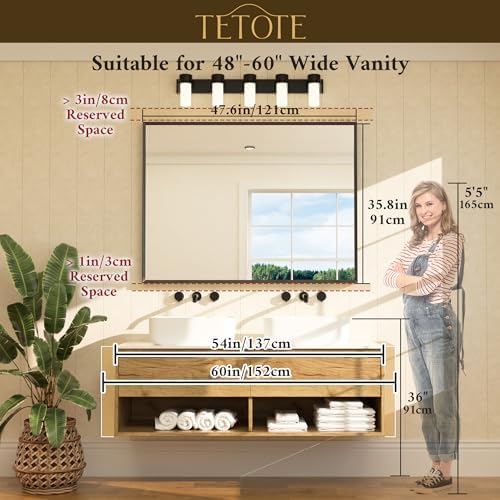 TETOTE Black Bathroom Mirror for Over Sink 48" x 36" Large Matte Black Beveled Metal Framed Rectangular Vanity Mirror for Bathroom, Bedroom, Entryway, Living Room, Tempered Glass, Shatterproof