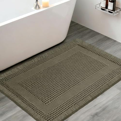 Upgraded Waffle Bath Mat, 32"x20" Greyish Green-Looped, Super Absorbent Non-Slip Quick Dry Bathroom Rugs with Tassels, Machine Washable Ultra Soft Boho Bath Rugs, Toilet Mats Boho Farmhouse Decor