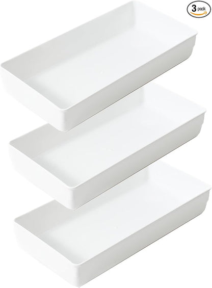 3 Pack White Plastic Drawer Organizer Tray Cutlery Utensil Makeups Drawer Organizers 12" X 6"…