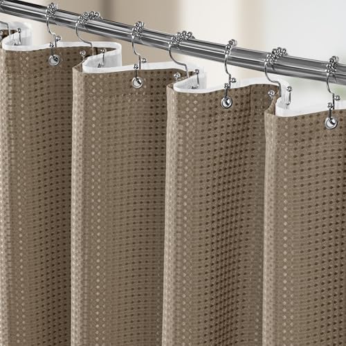 Vipfree 3 in 1 Shower Curtain Set, Waffle Shower Curtain and Liner Set with 12 Double Sided Shower Curtain Hooks, 258GSM Luxury Weighted Cloth Shower Curtains for Bathroom, 72 W x 84 H, Beige