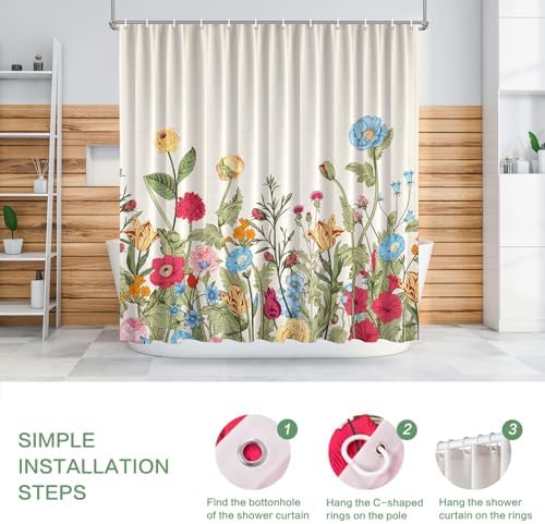 Vintage Floral Shower Curtain, Retro Wildflowers Shower Curtain 72x72