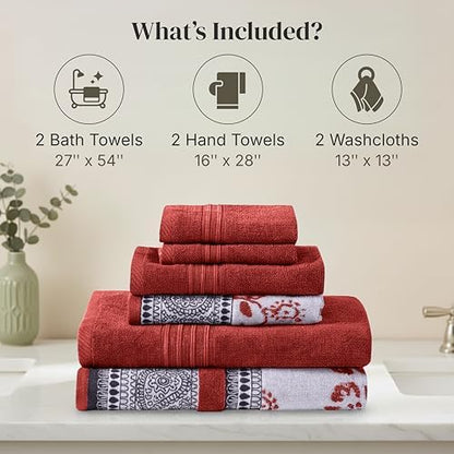 Modern Threads 6 Piece Bath Towel Set – Bathroom Set with 2 Bath Towels, 2 Hand Towels, and 2 Wash Cloths – 100% Cotton, Super Absorbent & Extra Soft – Reversible Floral Trail (Rust Orange)
