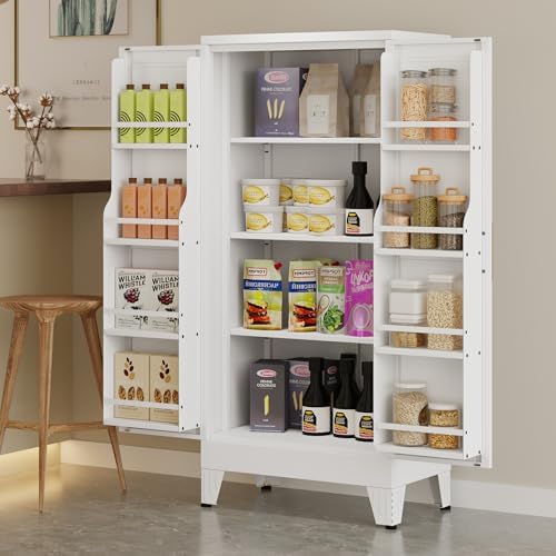 winiowa Metal Kitchen Pantry Storage Cabinet, Pantry Cabinet with Doors and Adjustable Shelves, Steel Storage Cabinet for Kitchen, Dining Room, Living Room-White