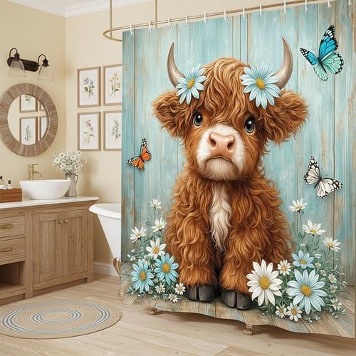 Cute Cow Shower Curtain, Farmhouse Rustic Floral Teal Daisy Funny Highland Cow Shower Curtains for Bathroom, Calf Country Plant Farm Animal Bathroom Decor with Hooks, 36x72 inch
