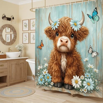 Cute Cow Shower Curtain, Farmhouse Rustic Floral Teal Daisy Funny Highland Cow Shower Curtains for Bathroom, Calf Country Plant Farm Animal Bathroom Decor with Hooks, 36x72 inch