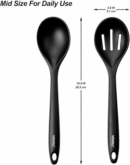 Silicone Spoons for Cooking - Kitchen Spoons for Mixing, Serving, & Stirring - 600°F Heat-Resistant Non Stick Utensils Ladle & Skimmer- Dishwasher Safe, Black,10.4IN