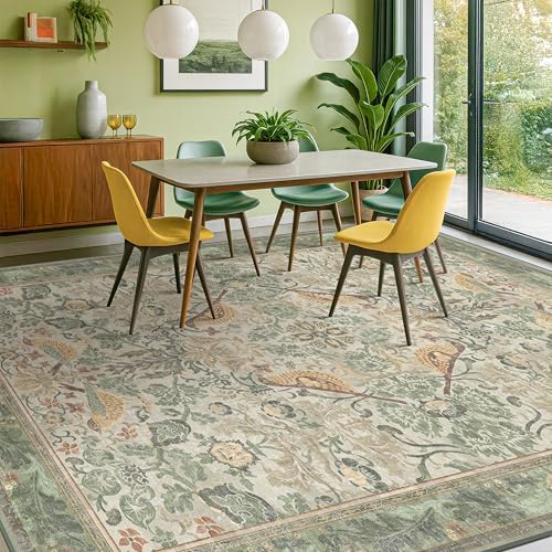 Boho Dining Room Rugs for Under Table 9x12 - Plant & Bird Patterned Rugs for Living Room, Bedroom Under Bed, Traditional Victorian Sage Green Décor, Washable Non Slip Folable Lightweight Carpet