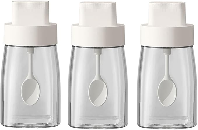 LOYUYU Kitchen Sodium Calcium Glass Spice Jars Seasonning Box Set of 3, Condiment Pots Spice Jars, Retractable Spoon and Lid Combination Design, Airtight Cap 9.7oz White