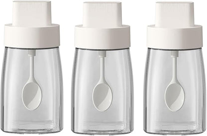 LOYUYU Kitchen Sodium Calcium Glass Spice Jars Seasonning Box Set of 3, Condiment Pots Spice Jars, Retractable Spoon and Lid Combination Design, Airtight Cap 9.7oz White