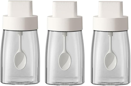LOYUYU Kitchen Sodium Calcium Glass Spice Jars Seasonning Box Set of 3, Condiment Pots Spice Jars, Retractable Spoon and Lid Combination Design, Airtight Cap 9.7oz White