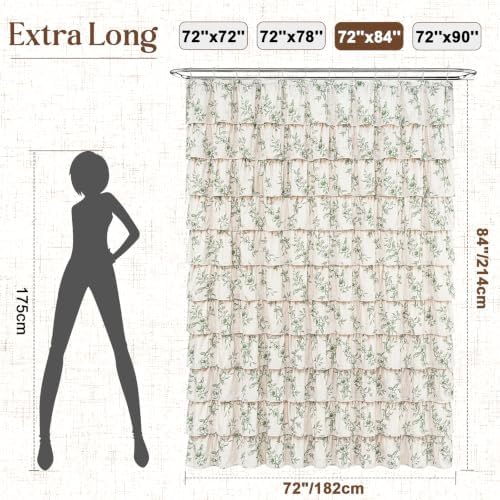 Extra Long Farmhouse Ruffle Shower Curtains with Green Floral, 72"Wx84"L