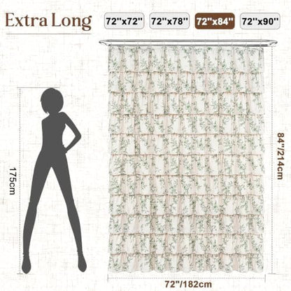 Extra Long Farmhouse Ruffle Shower Curtains with Green Floral, 72"Wx84"L
