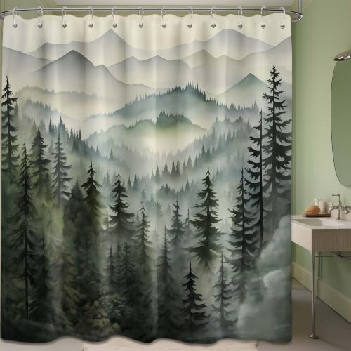 Sage Green Forest Shower Curtain, 72x72 in, Mountain Rustic Pine Tree
