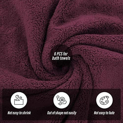 MOONQUEEN 6 Pack Premium Bath Towel Set - Quick Drying - Microfiber Coral Velvet Highly Absorbent Towels - Multipurpose Use as Bath Fitness, Bathroom, Shower, Sports, Yoga Towel (Burgundy)
