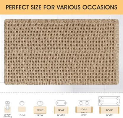 Upgrade Waffle Bath Mat, Boho Bathroom Rugs Absorbent Non Slip, Ultra Soft Bathroom Mat, Machine Washable Knit Bath Rugs with Herringbones for Bathroom, Bedroom, Kitchen, Shower, Tub,32"x20", Beige