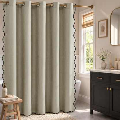 Furlinic No Hook Shower Curtain Scalloped Boho Taupe Linen Fabric 96 Inch