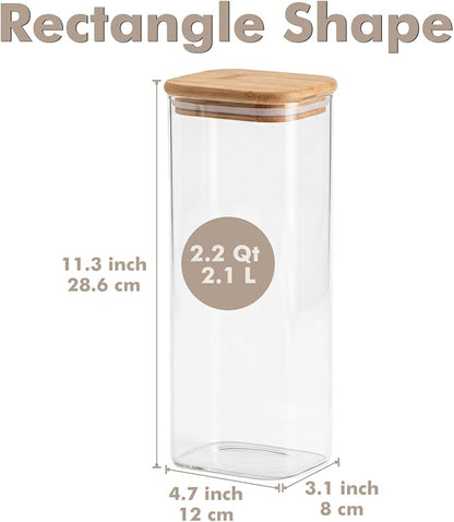 3-Pack 2.2Qt Rectangle Glass Spaghetti Jars with Bamboo Lids | Minimalist Kitchen Organizer,Scandinavian Style Storage,Nordic Style Storage,Food Storage Canister for Pasta, Penne, Macaroni