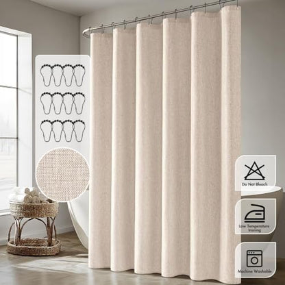 ANRODUO Beige Extra Long Linen Fabric Shower Curtain Set - W72xL108