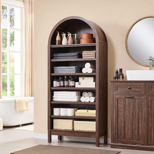 IFBUY 71" Tall Arched Bathroom Storage Cabinet, 7-Tier Modern Farmhouse Storage Cabinet with Adjustable Shelves, Wood Freestanding Cabinet for Bathroom, Living Room, Entryway, Hallway-Brown