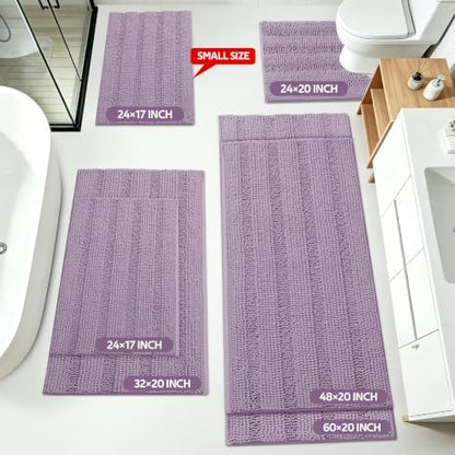 ACCUMTEK Striped Lavender Bathroom Rug Mat Set 2 piece 32"x20"+24"x17" Ultra Soft, Non Slip Chenille Bath Rugs, Absorbent Plush Shaggy Bath Mats for Bathroom, Bedroom, Kitchen, Shower, Tub