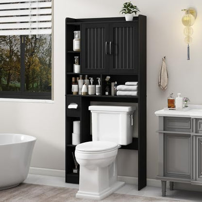Vabches Farmhouse Over The Toilet Storage Cabinet with Barn Door, Black