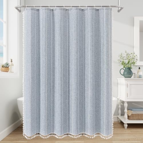 Boho Striped Tassel Linen Shower Curtain,3D Embroidery Stripe Blue,54x78