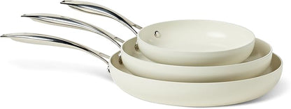 Amazon Basics Ceramic Nonstick Cookware, 3-Piece Frying Pan Set, All Cooktop Induction Compatible, Dishwasher-Safe, Oven-Safe, Ivory