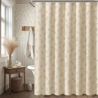 Beige Floral Farmhouse Vintage Linen Shower Curtain French Country 72Wx84H