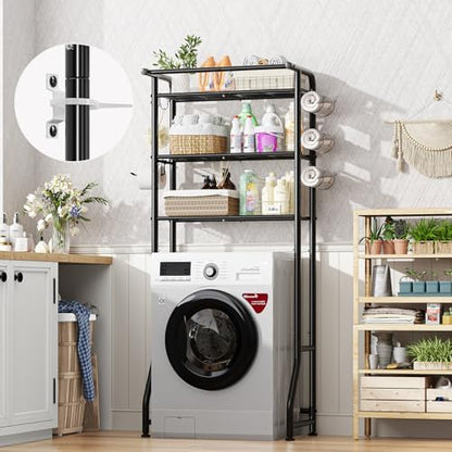Simple Trending Over The Toilet Storage Cabinet, Metal Bathroom Shelf Organizer with Paper Holder and Hooks, 3 Tier, Black