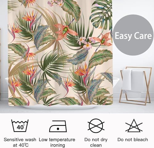 Tropical Shower Curtain, Colourful Leaves Floral Palm Leaf Hawaiian Botanical Plant Bathroom Curtain, Waterproof Cloth Fabric Bath Curtain with Hooks 72 x 72 inch