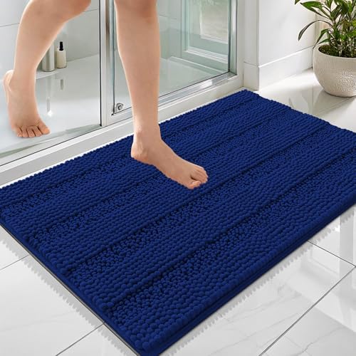 OLANLY Thick Bathroom Rugs 36x24, Soft Chenille Striped Bath Rugs, Navy