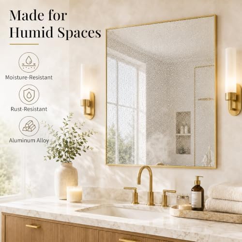 30"x30" Brushed Gold Framed Square Bathroom Vanity Wall Mirror