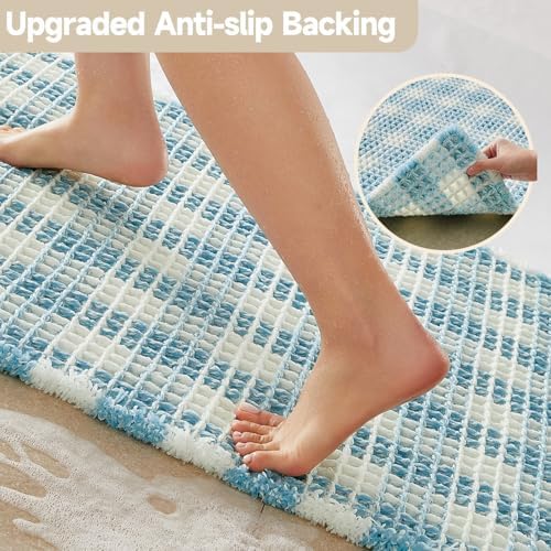 TYUU Waffle Runner Rug Bathroom, Long Cute Bath Mat, 72x24 Blue & White