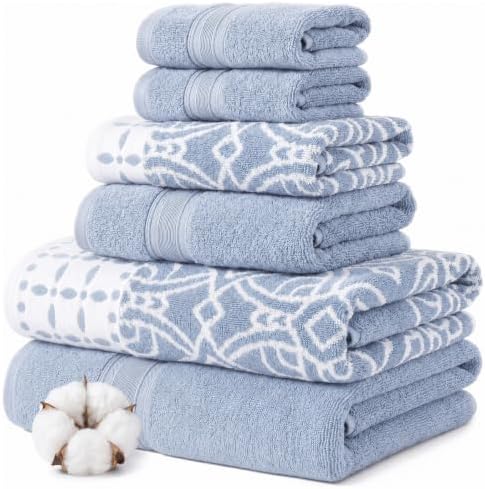 Modern Threads Monroe 6-Piece 100% Cotton Towel Set – Reversible Yarn Dyed Jacquard & Solid – Includes 2 Bath Towels, 2 Hand Towels, 2 Washcloths – Absorbent, Quick Dry, Soft & Durable – Blue