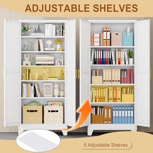 75" White Metal Storage Cabinet with 2 Doors and 5 Adjustable Shelves,Steel Garage Tool Cabinet, File Cabinet,Kitchen Pantry Cabinet for Home,Office,Garage,School,Warehouse