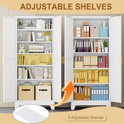 75" White Metal Storage Cabinet with 2 Doors and 5 Adjustable Shelves,Steel Garage Tool Cabinet, File Cabinet,Kitchen Pantry Cabinet for Home,Office,Garage,School,Warehouse