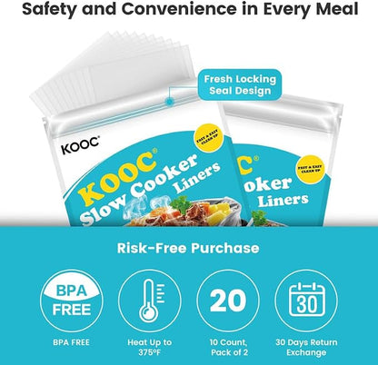 KOOC Slow Cooker Liners 10"x13" 20 count Small Size Disposable Plastic Bags Pot Liners Brunch Cooking Bags Fit 1.5 qt to 2 qt Pot BPA Free