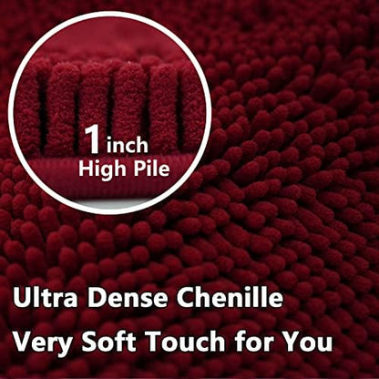 BOANKODU Bath Mat Set, 2 Piece - Soft Chenille, Non-Slip, 32x20 Inch + 20x20 Inch U Shape, Machine Washable (Burgundy)