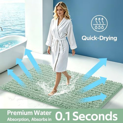 ACCUMTEK Upgrade Luxury 2 Piece Sage Green Toilet Bathroom Rug Mat 48"x20"+24"x17", Ultra Soft Thick Absorbent Bath Mats, Non Slip Chenille Toilet Mat for Bathroom, Bedroom, Kitchen, Shower, Tub