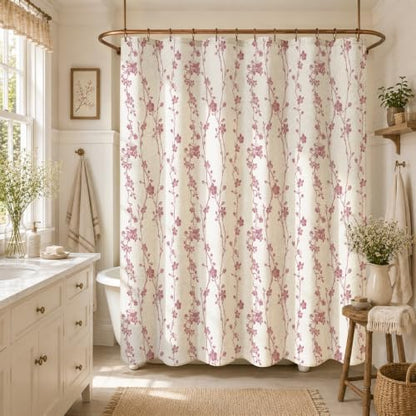 Gibelle Pink Farmhouse Linen Shower Curtain, Boho Floral Fabric, 36 x 72