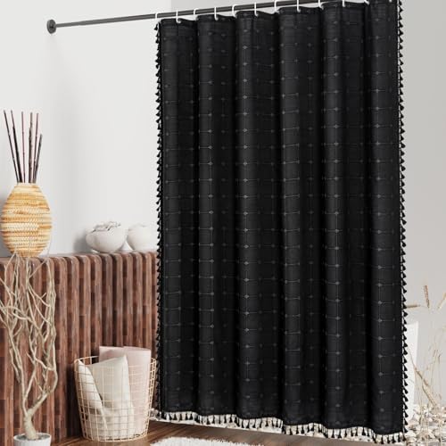 Boho Farmhouse Classic Plaid Linen Tassel Shower Curtain Black,72x78